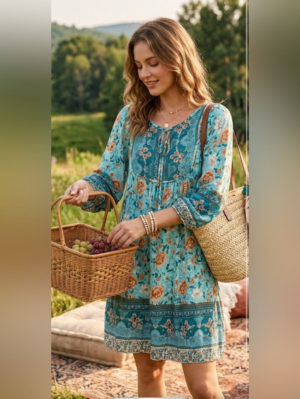 Boho Floral Peasant Dress in Teal and Rust